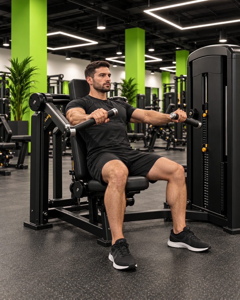 Persona entrenando en una máquina de press de pecho